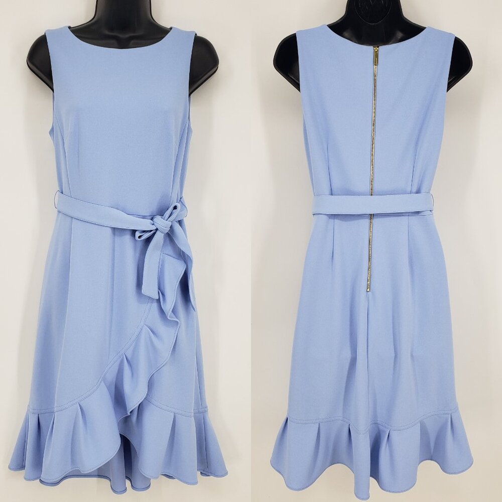 Calvin Klein Sky Blue Sleeveless Ruffle Wrap Belt Dress